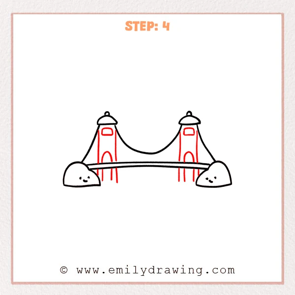 how to draw a golden gate bridge - Step 4 of how to draw the Golden Gate Bridge adds tall inner tower frames, small top windows, arched openings, and vertical tower legs extending below the deck.